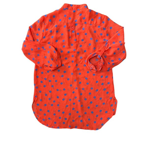Anthropologie Francesca Blouse Womens Medium Sheer Orange Polka Dot Blue - Picture 3 of 6